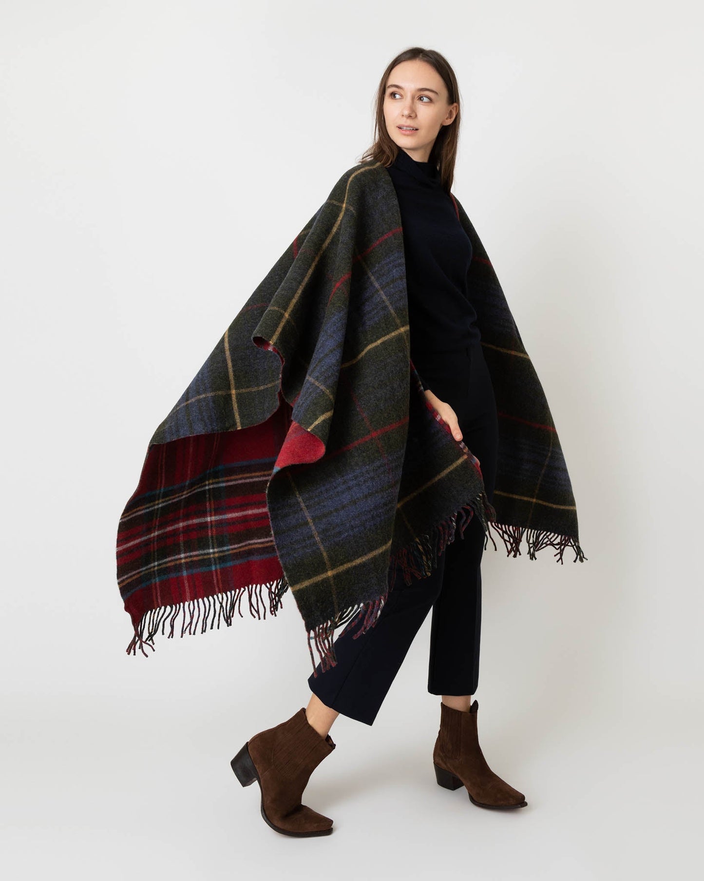 Reversible Lambswool Cape in Heather Stewart/Hunting Stewart