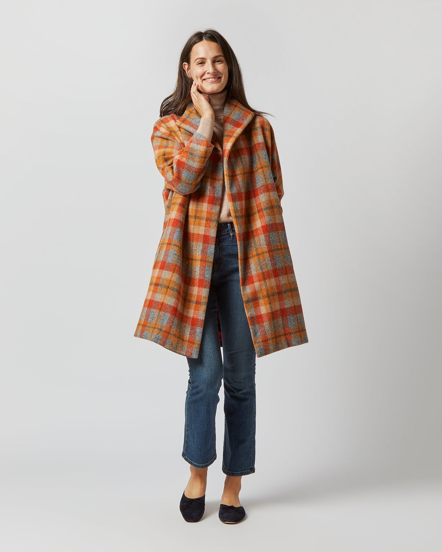 Kimono Carina Coat in Orange/Grey Plaid Wool