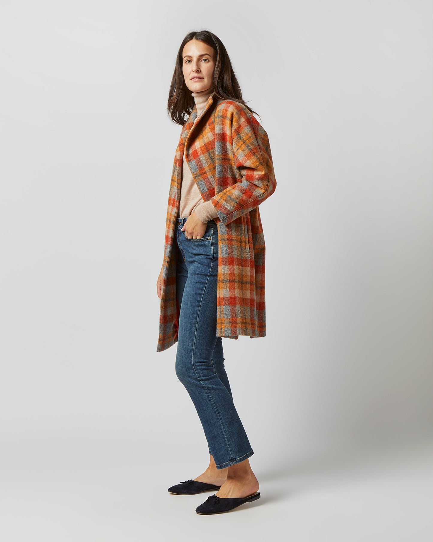 Kimono Carina Coat in Orange/Grey Plaid Wool