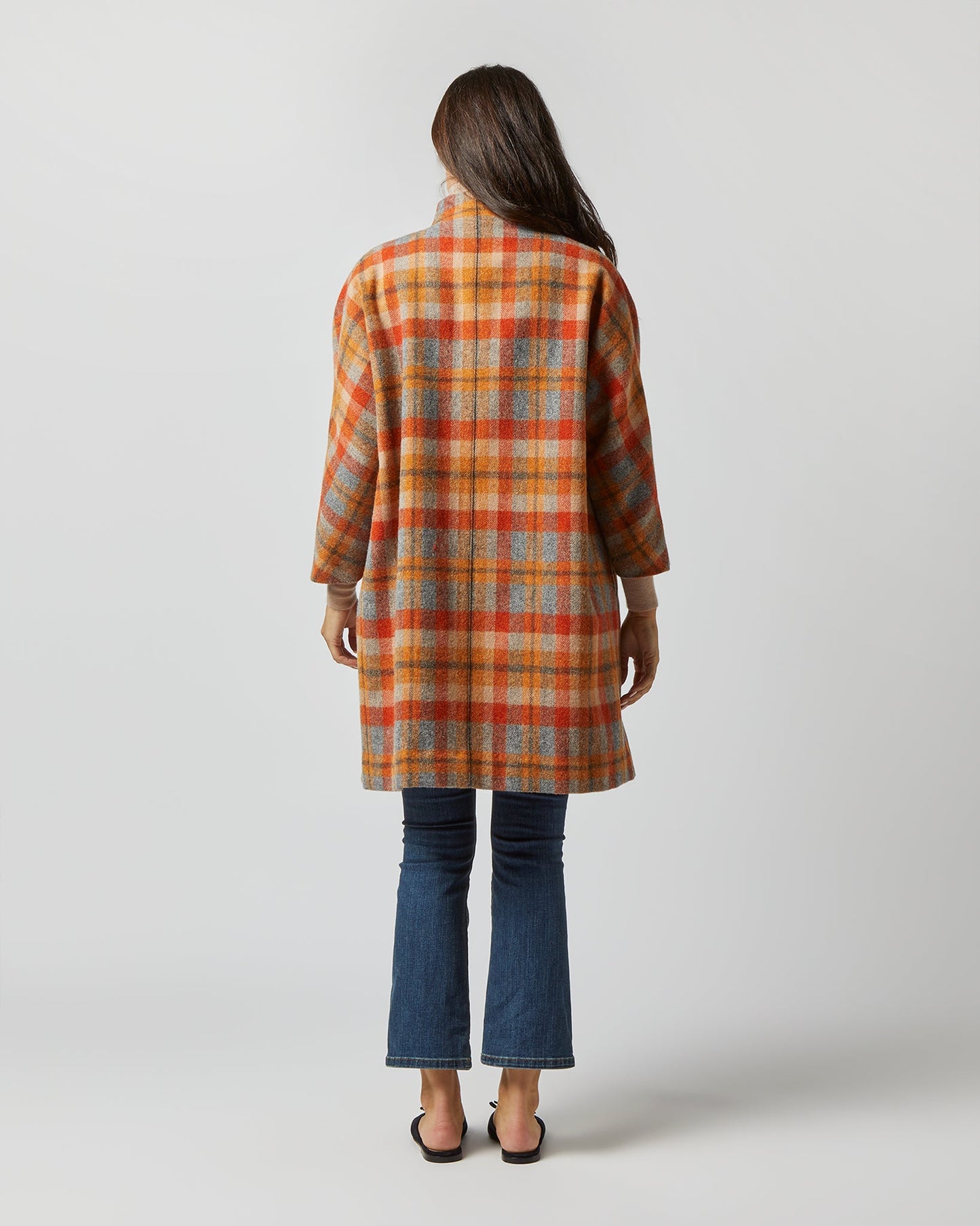 Kimono Carina Coat in Orange/Grey Plaid Wool