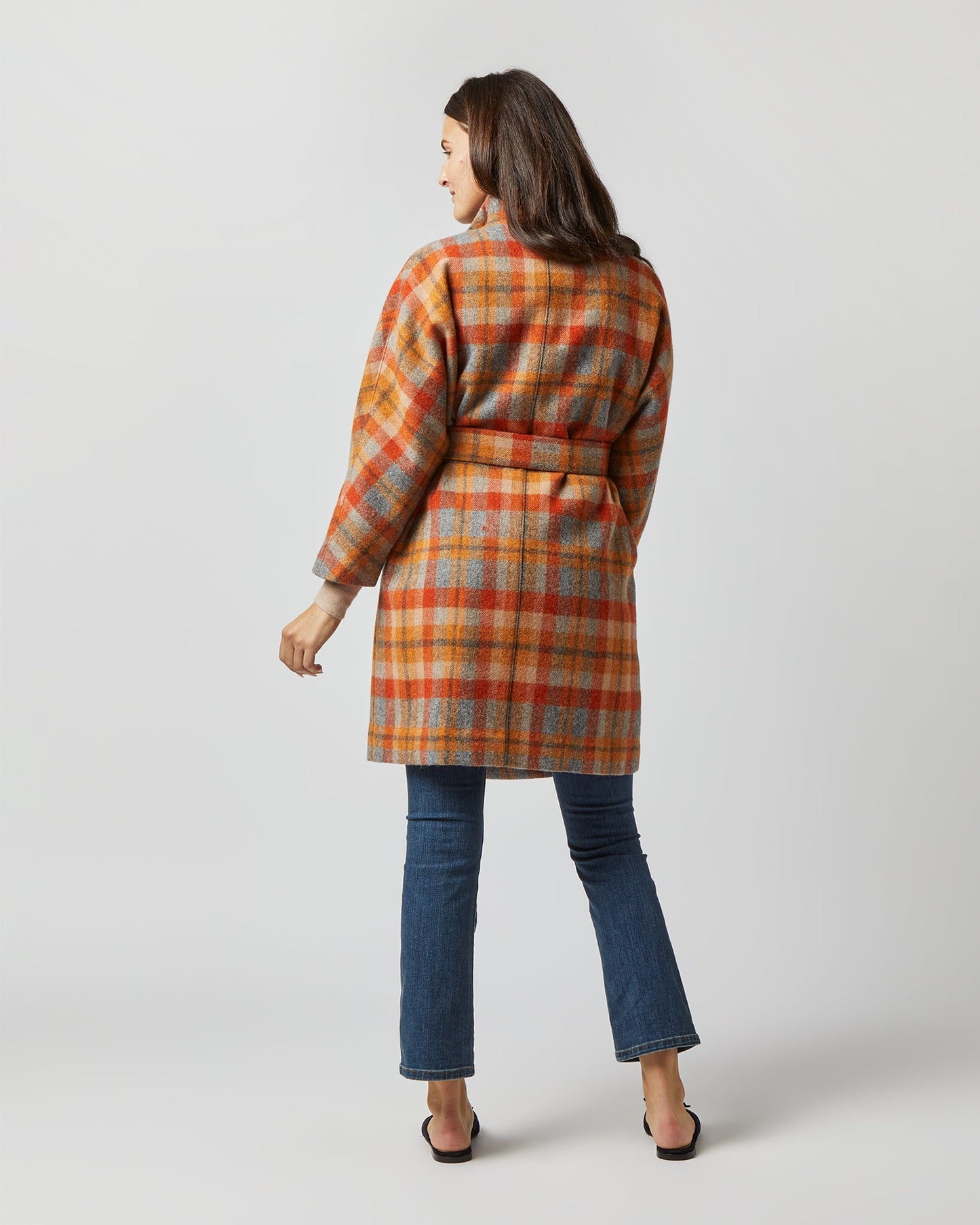 Kimono Carina Coat in Orange/Grey Plaid Wool