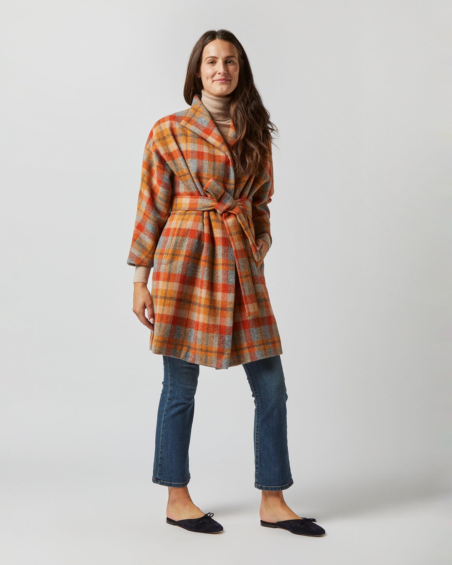 Kimono Carina Coat in Orange/Grey Plaid Wool