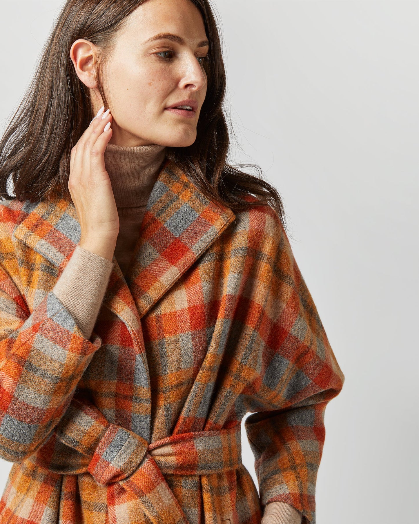 Kimono Carina Coat in Orange/Grey Plaid Wool