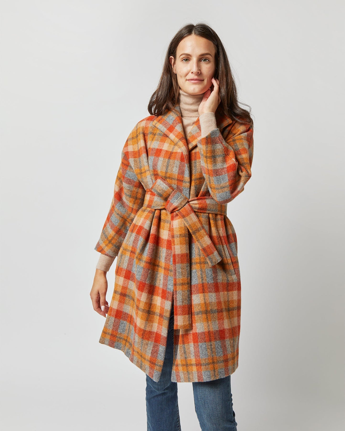 Kimono Carina Coat in Orange/Grey Plaid Wool