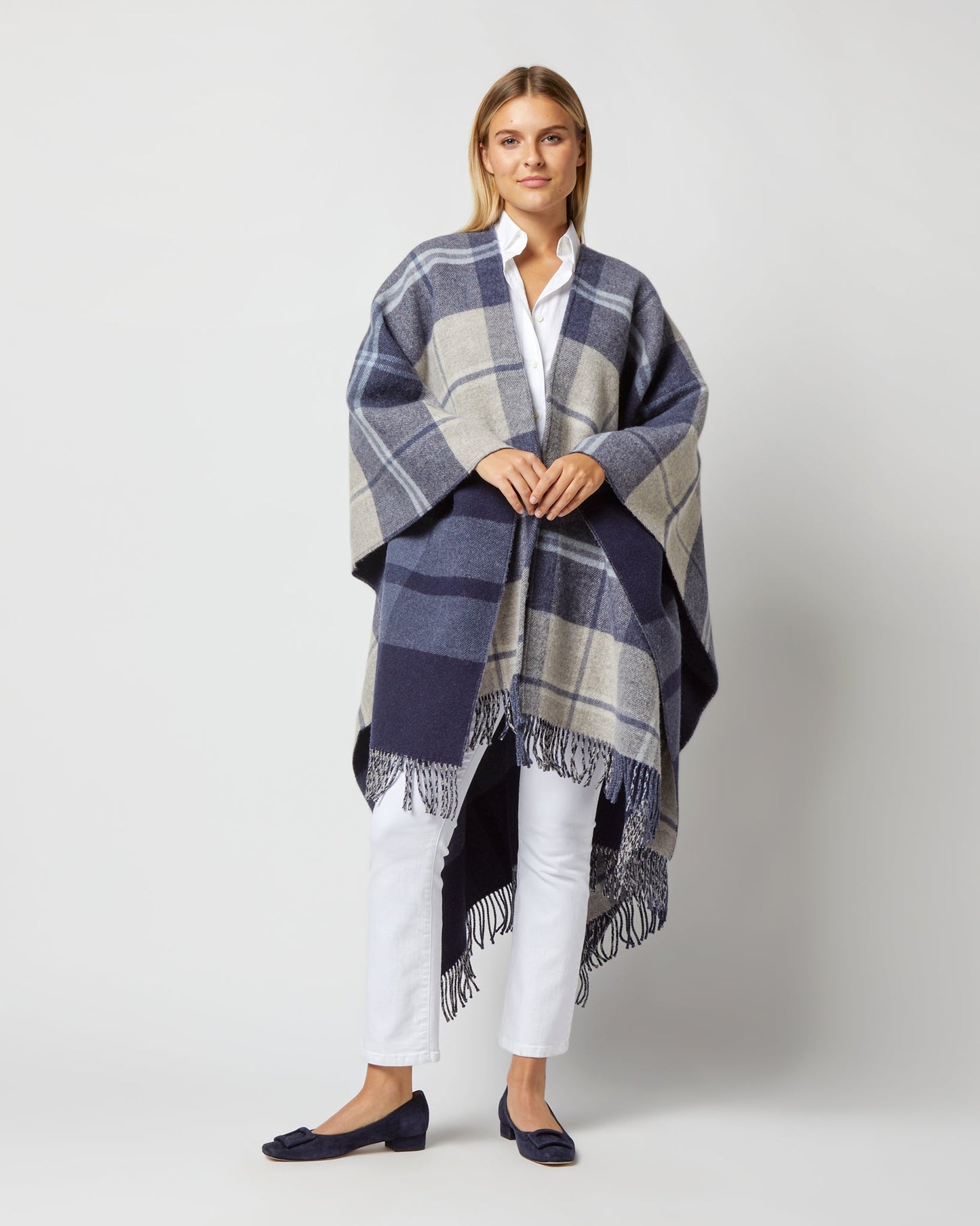 Reversible Lambswool Cape in Blue/Cream Windowpane