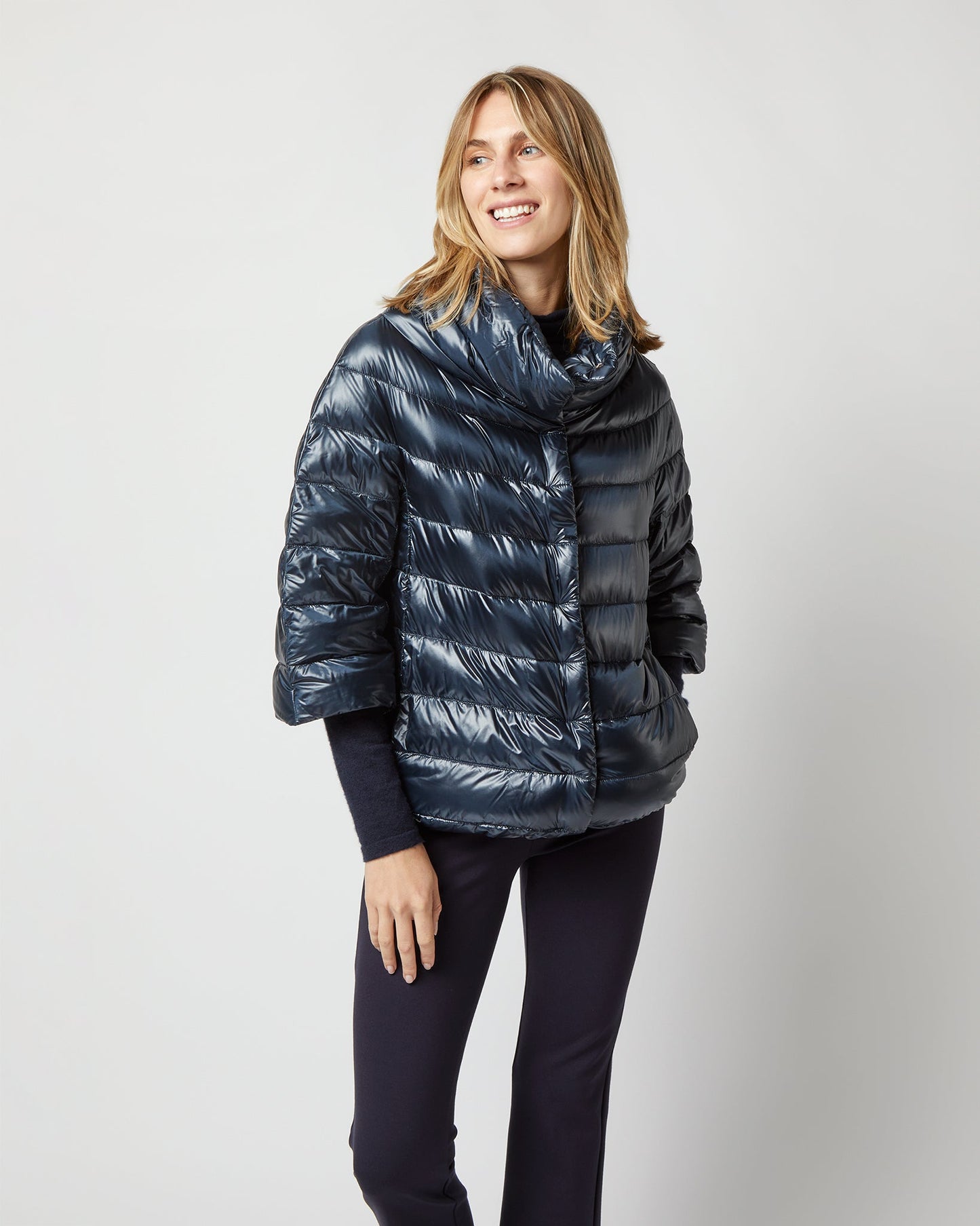 Aminta 3/4 Sleeve Cocoon Coat in Navy Blue