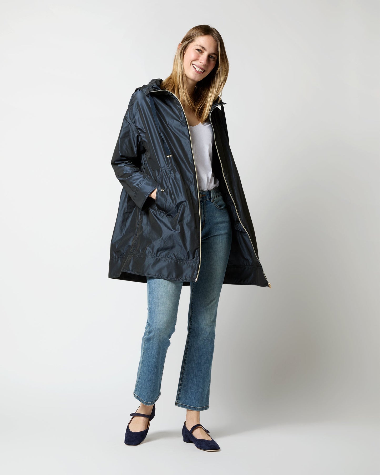 Techno Taffeta A-Line Parka in Navy