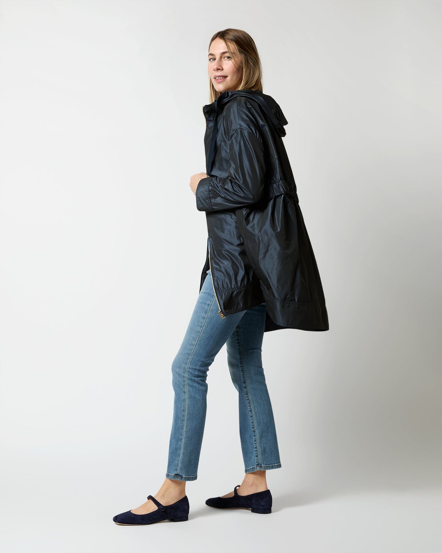 Techno Taffeta A-Line Parka in Navy