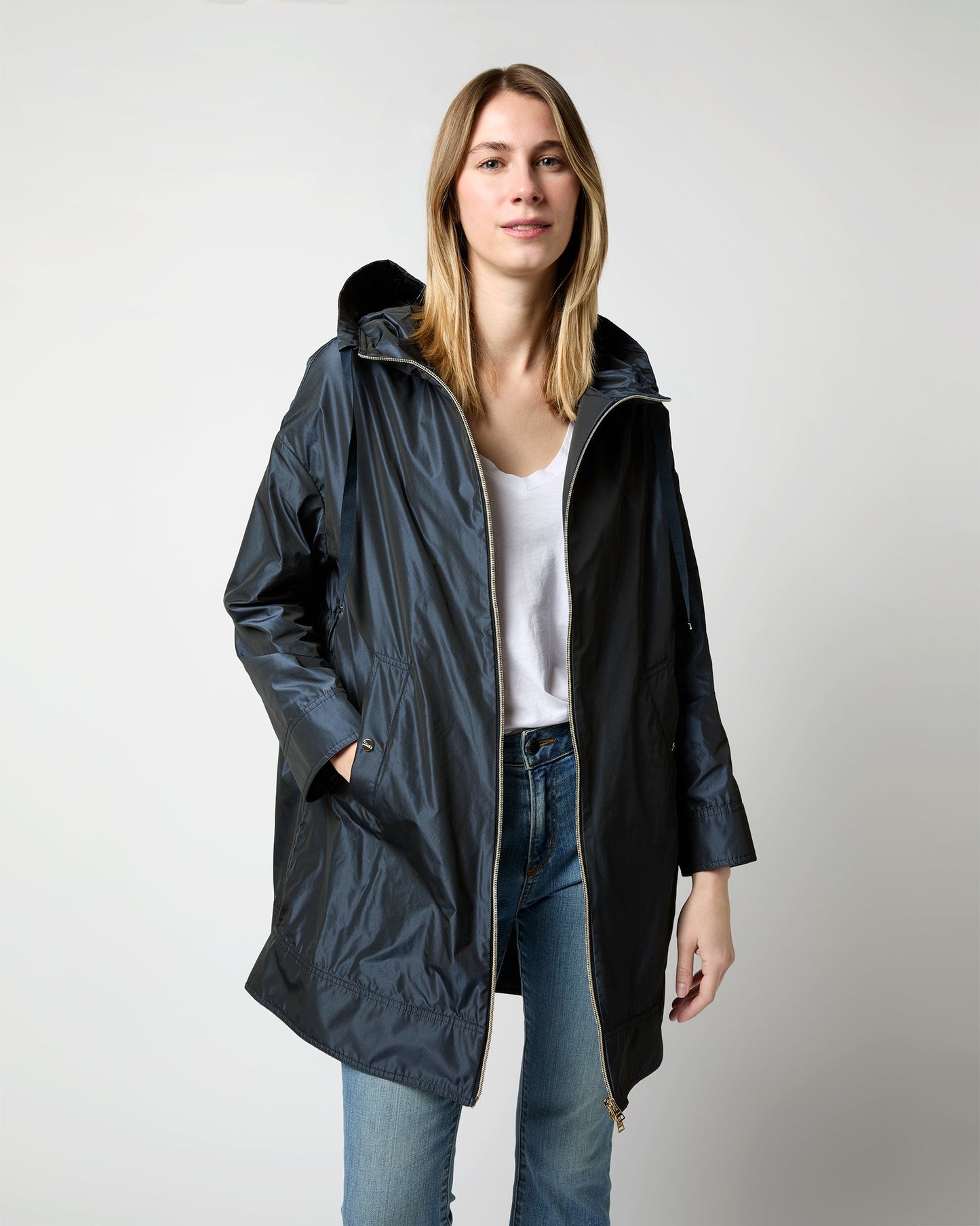 Techno Taffeta A-Line Parka in Navy