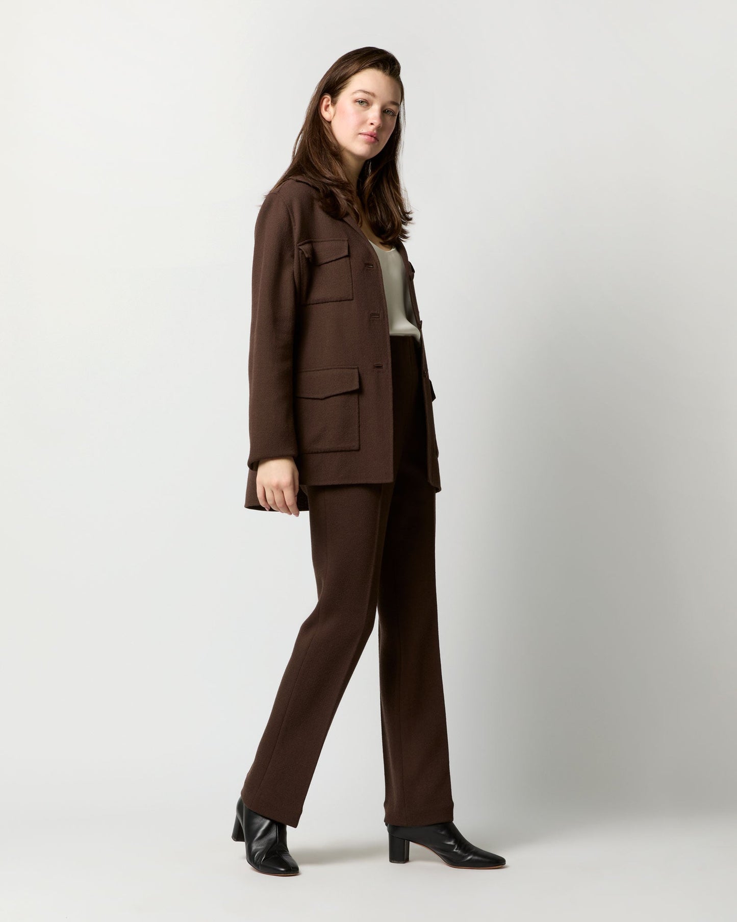 Brinley Shirt Jacket in Chocolate Double-Faced Stretch Wool Crepe