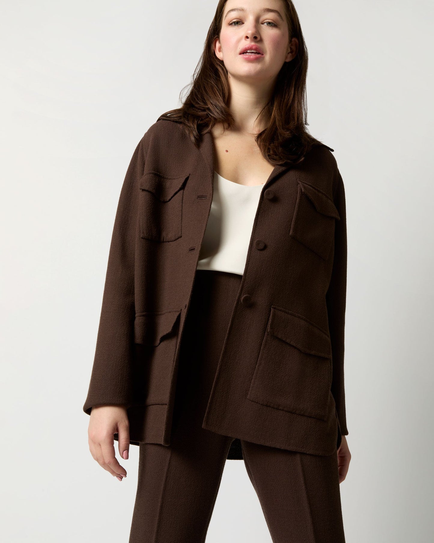 Brinley Shirt Jacket in Chocolate Double-Faced Stretch Wool Crepe