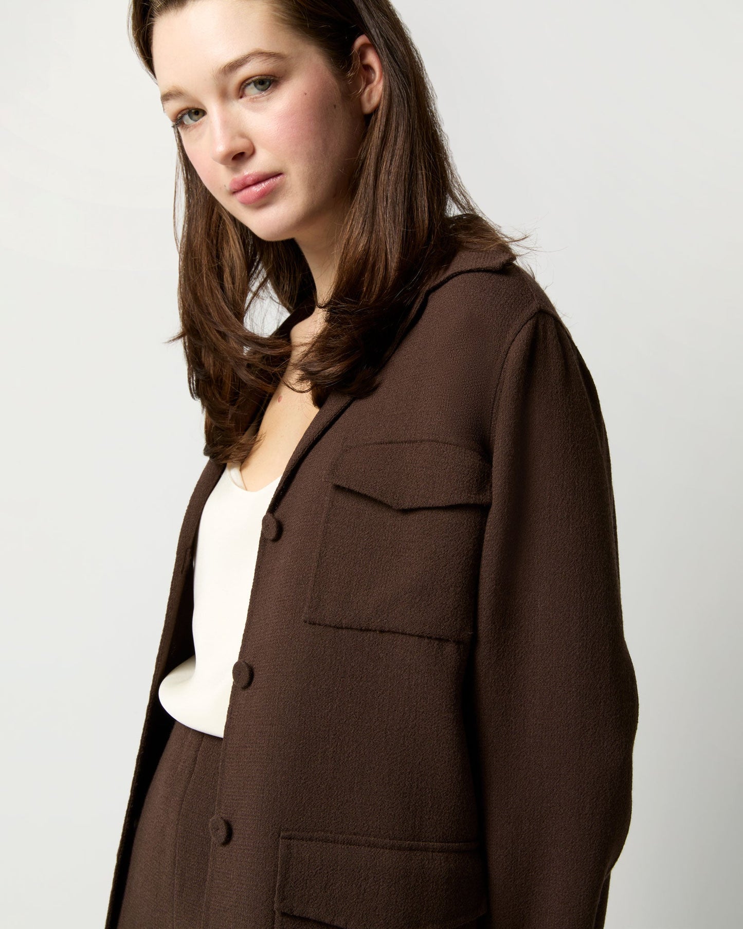 Brinley Shirt Jacket in Chocolate Double-Faced Stretch Wool Crepe