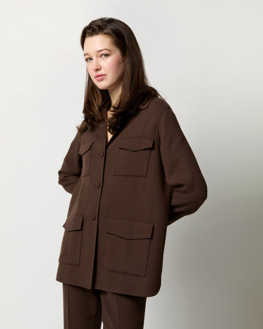 Brinley Shirt Jacket in Chocolate Double-Faced Stretch Wool Crepe