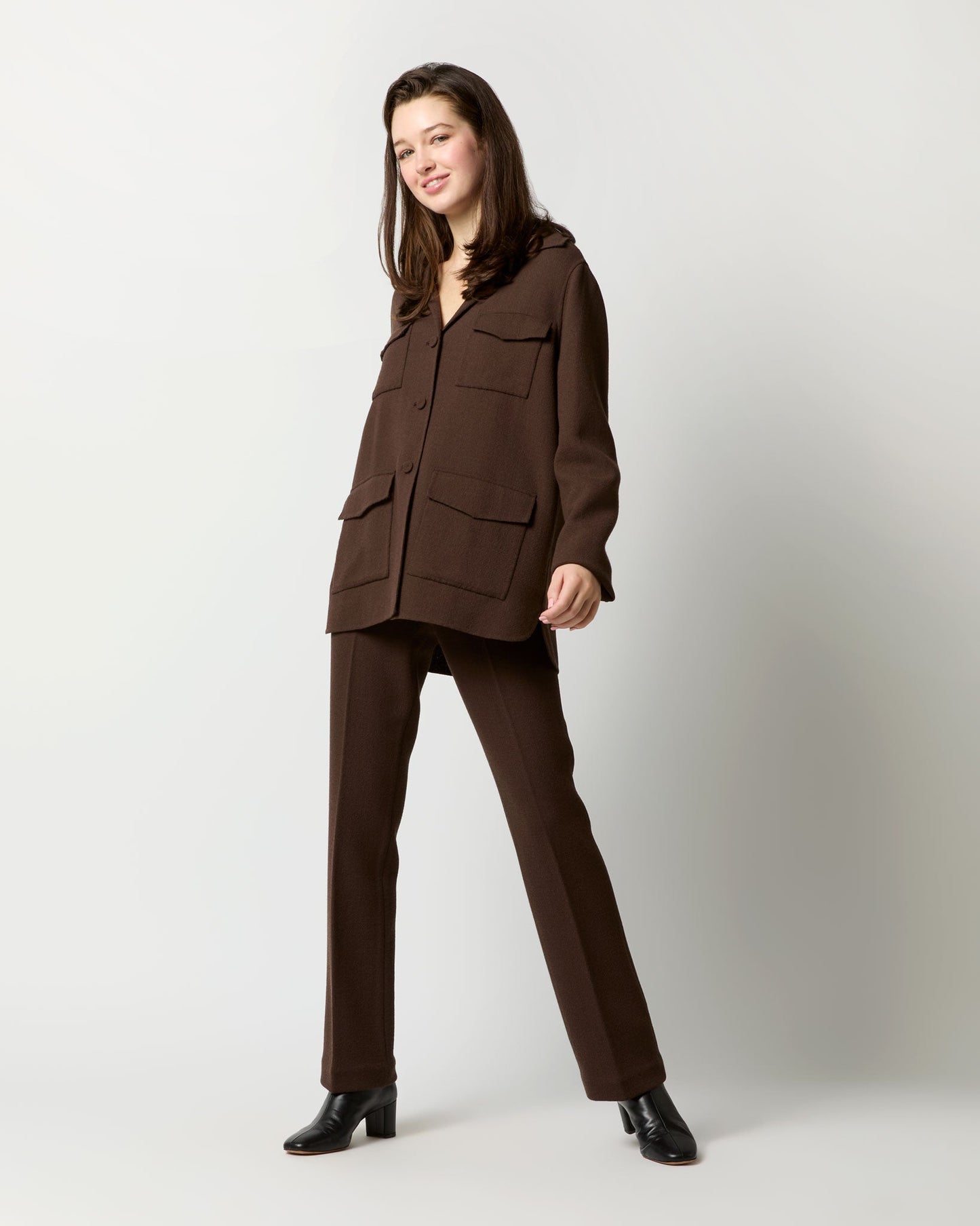 Brinley Shirt Jacket in Chocolate Double-Faced Stretch Wool Crepe