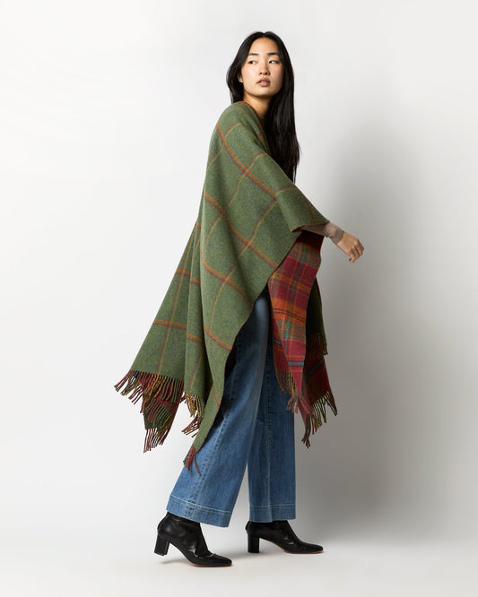 Reversible Lambswool Cape in Red Tweed/Green Windowpane