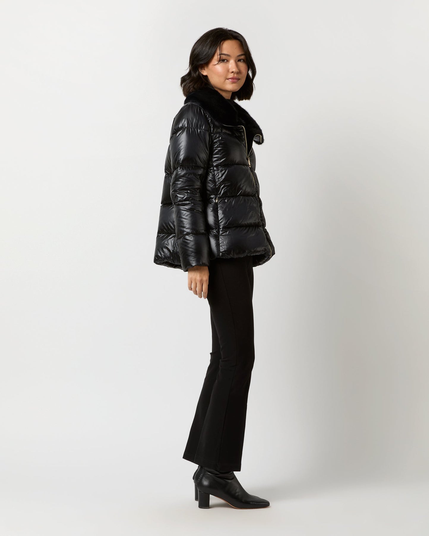 Shiny Nylon Short Jacket With Faux Fur in Black