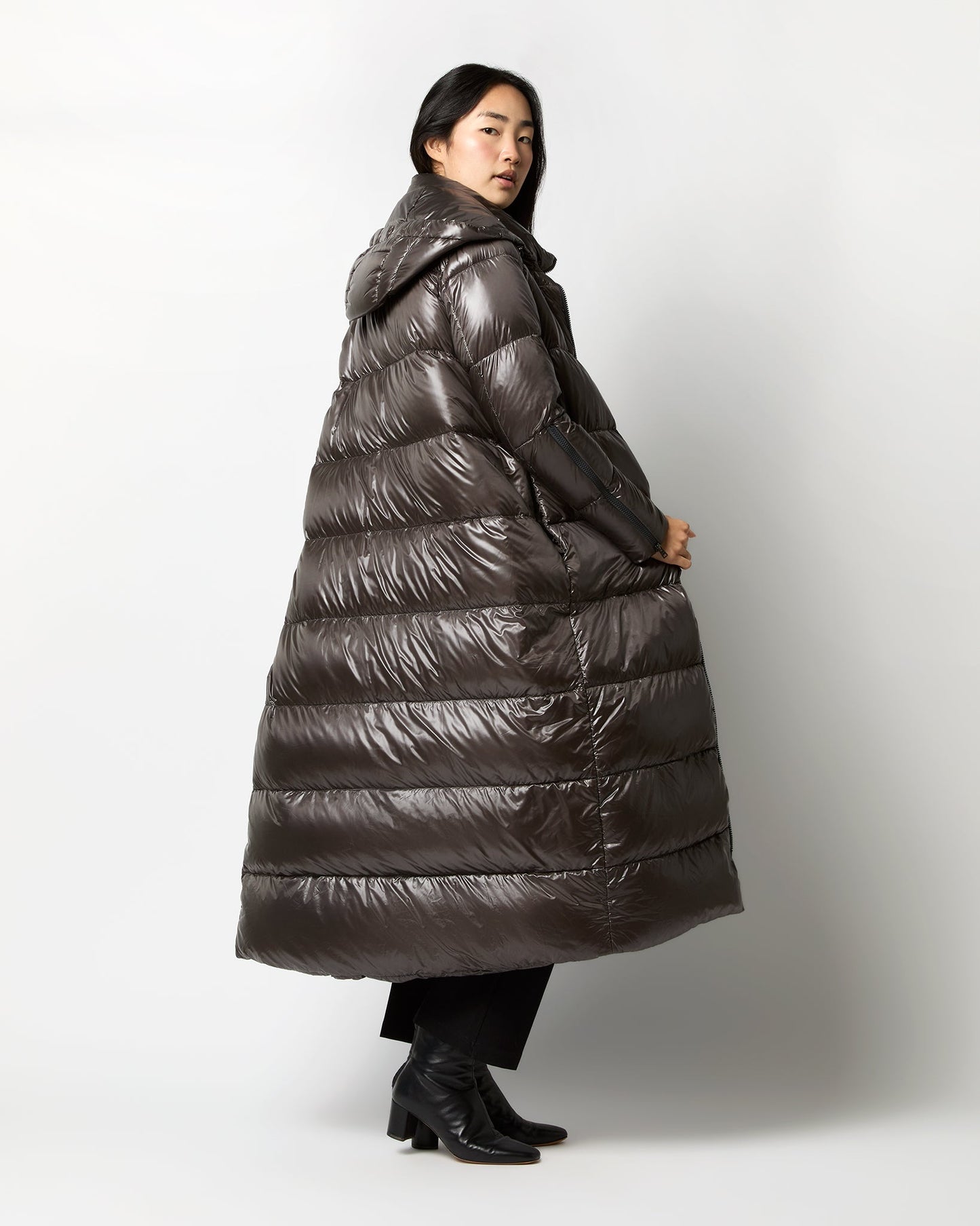 Shiny Nylon Long Coat in Charcoal