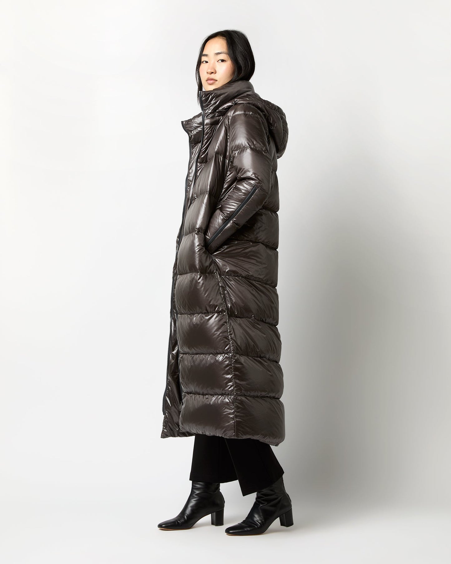 Shiny Nylon Long Coat in Charcoal