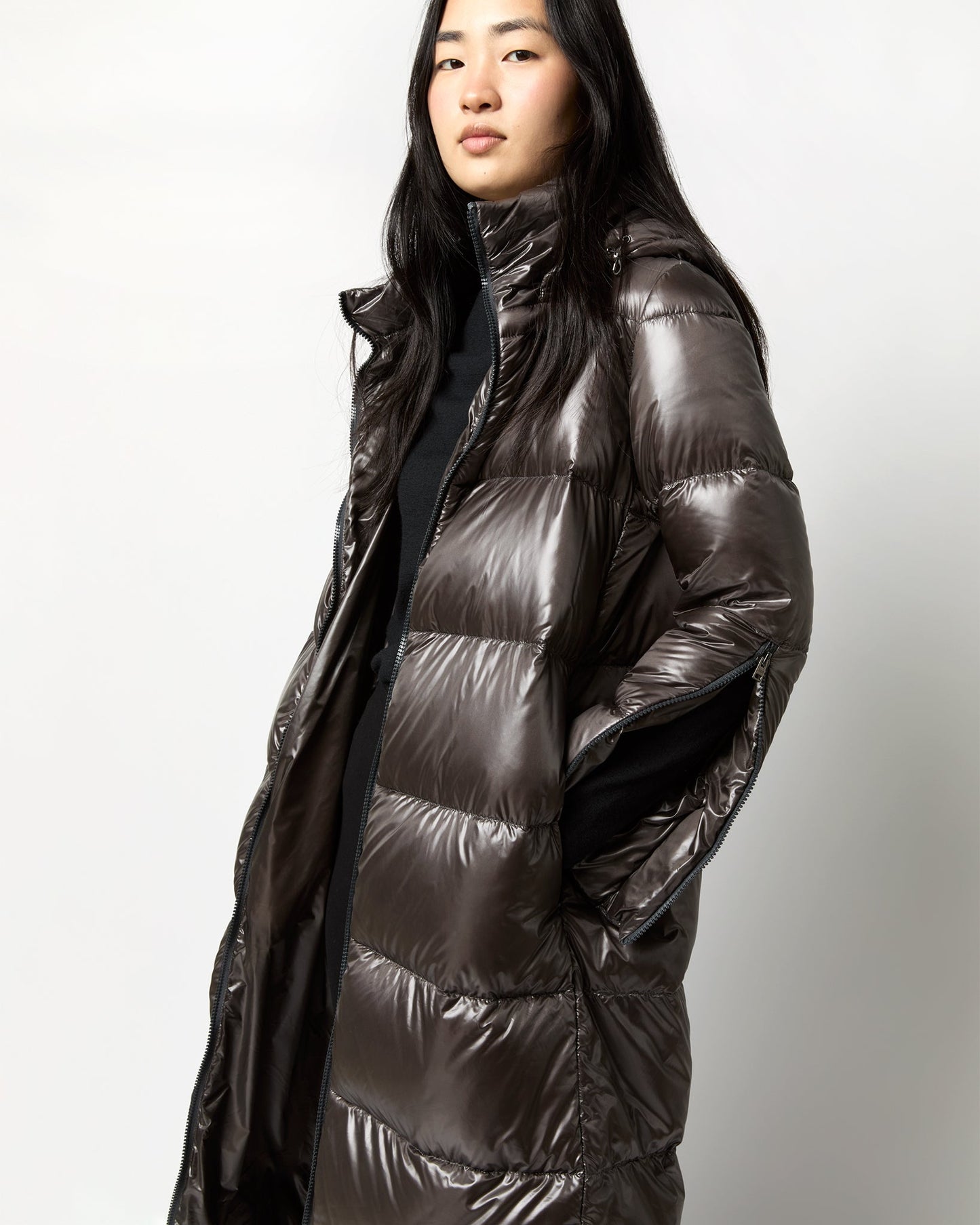 Shiny Nylon Long Coat in Charcoal