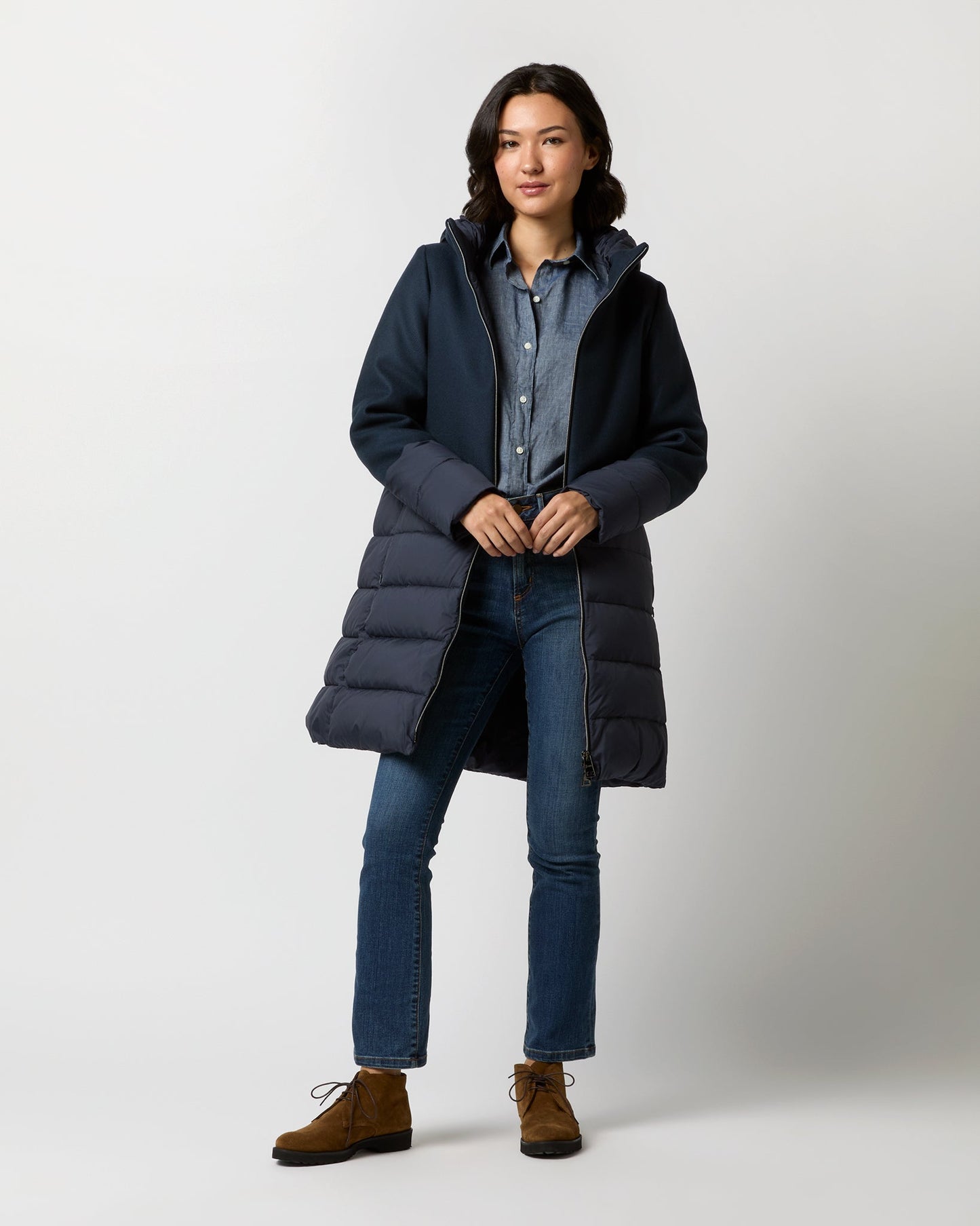 Mixed Media Quilted Coat in Navy